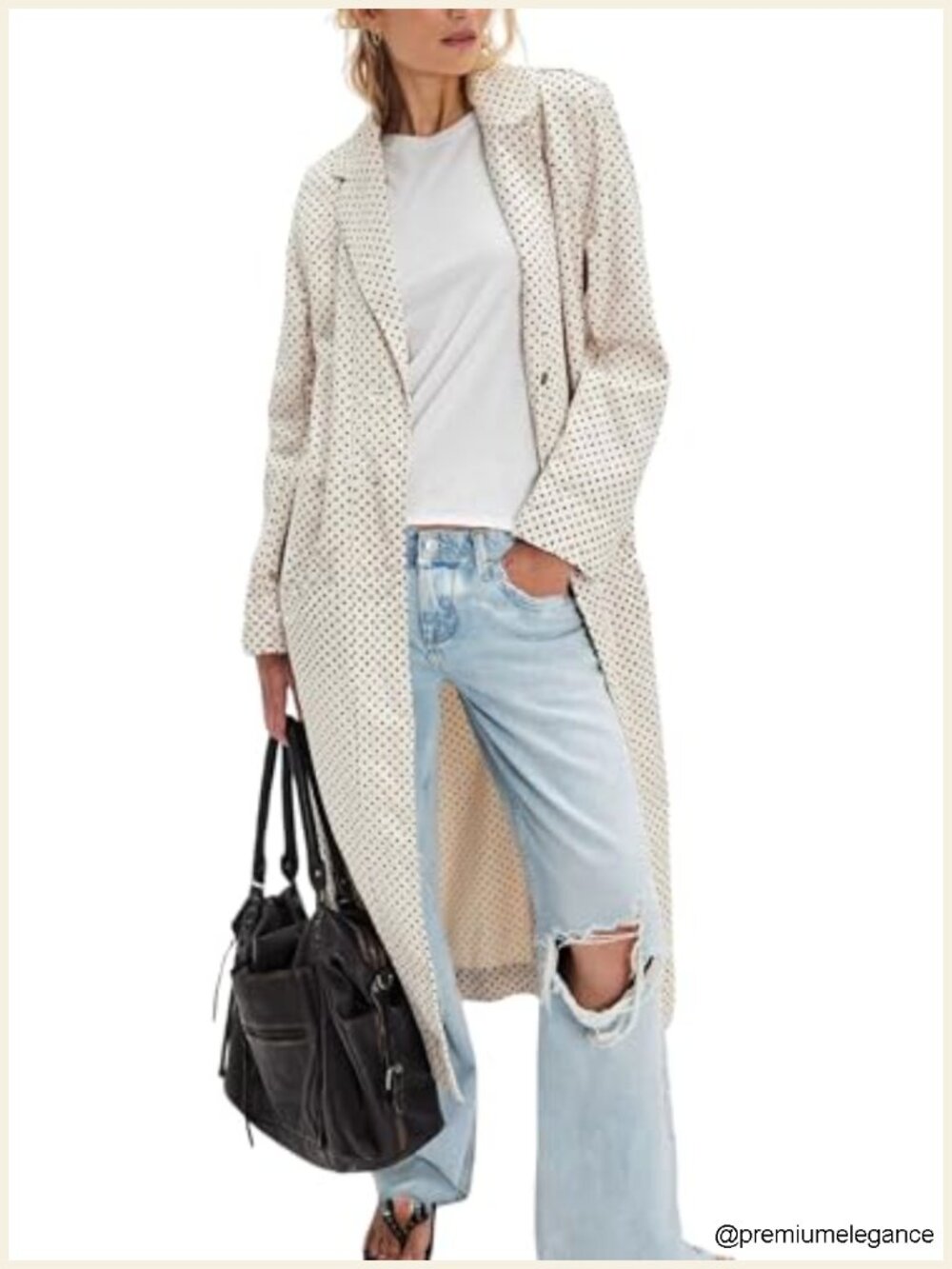 Leopard Print Denim Trench Coat Distressed Midi Long Jean Jacket Overcoat